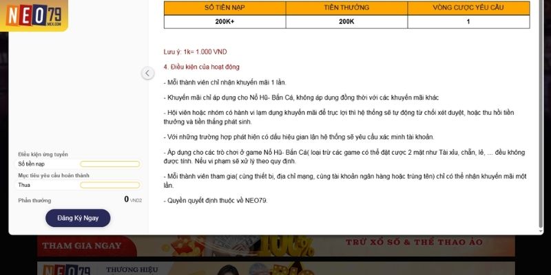 Vòng cược WR quyết định điều kiện rút khi dùng code NEO79